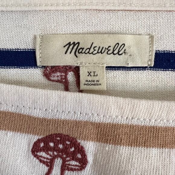 Madewell Striped Mushroom Embroidered Cropped Long Sleeve Tee XL Cream Navy Tan - Picture 4 of 5